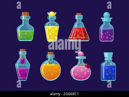 Potions vector cartoon illustrations set. Magic drinks, fairy elixirs, substance with bubbles, witch beverages. Corked glass flasks with color liquid Stock Vector