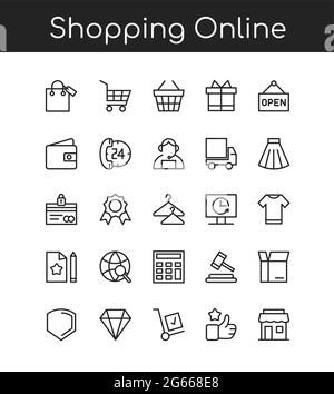 Shopping icons line outline vector illustration set with title for shopping online Stock Vector