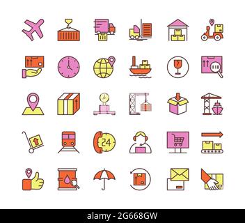 Freight and passenger transportation, logistics color icons vector illustration set Stock Vector