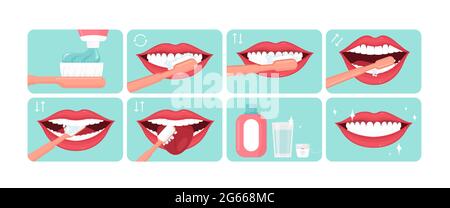 Teeth cleaning instruction concept flat cartoon vector illustration set for banner, poster Stock Vector