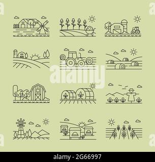 Agricultural icons black and white linear set. Harvesting combine, agrimotor, scarecrow on field. Corn, wheat and grain. Cultivating and farming Stock Vector