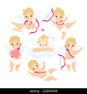 Cute baby cupids flat vector illustrations set. Amurs cartoon characters with wings and love arrows isolated on white background collection Stock Vector