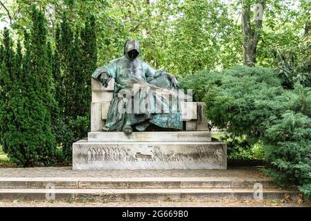 The statue of the medieval monk Anonymous in the City Park of Budapest Stock Photo