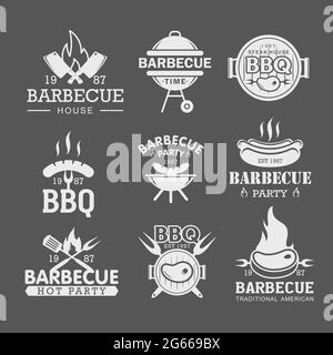 BBQ white logo templates set. Steak house, grilled meat restaurant emblems isolated on grey background pack. Roasted pork, sausage on fork stickers Stock Vector