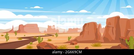 Sandy desert landscape colorful flat vector illustration. Empty valley with rocks, crags and green cactuses. Dry land with draughts and hot climate Stock Vector