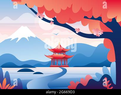 Japanese red castle and snowy Fuji mountain peak illustration Stock Vector