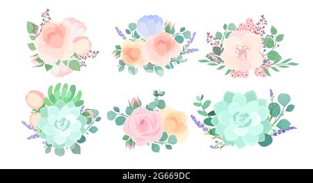 Flowers composition colorful flat vector illustrations set. Wedding and prom boutonniere, bouquets isolated on white background. Floral, floristic Stock Vector