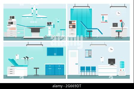 Hospital rooms flat vector illustrations set. Doctor office cartoon interior design pack. Medical center waiting room and corridor, patient ward Stock Vector