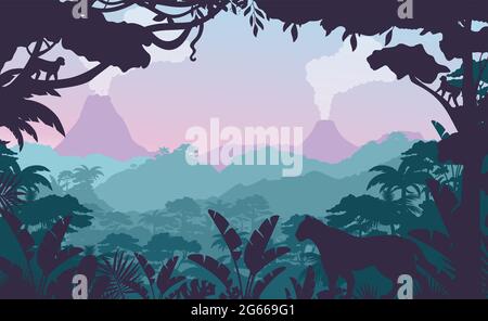 Tropical jungle flat vector illustration. Beautiful evening forest landscape, exotic flora and fauna. African rainforest view with wild cat silhouette Stock Vector