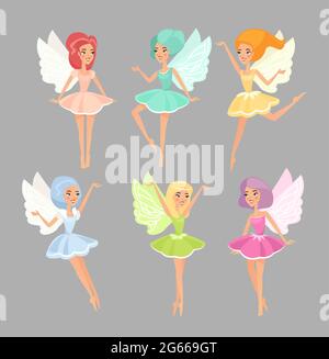 Fairies flat vector illustrations set. Magic fairytale creatures isolated on grey background. Cute mythical flying elves cartoon characters. Colorful Stock Vector