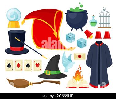 Magician accessories colorful flat vector illustrations set Stock Vector