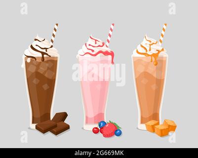 Milk cocktail flat vector illustrations set. Tasty drinks with whipped cream and ice cubes isolated pack on white. Sweet beverages with chocolate Stock Vector