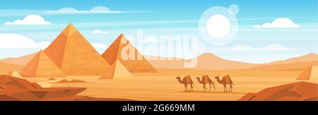 Pyramids in desert flat vector panoramic illustration. Egyptian landscape at daytime cartoon background. Camels caravan and Egypt landmarks scenery Stock Vector