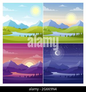 Sea and mountains landscape flat vector illustrations set Stock Vector