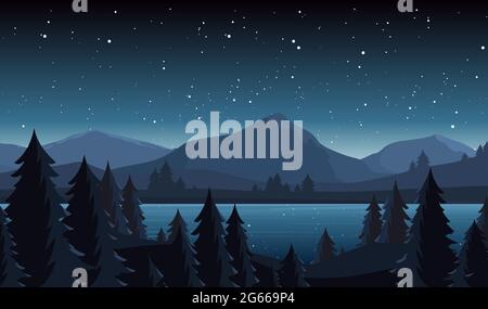 Night lake landscape flat vector illustration. Evening coniferous forest scenery with fir trees and hill peaks silhouettes on horizon. Mountain, river Stock Vector