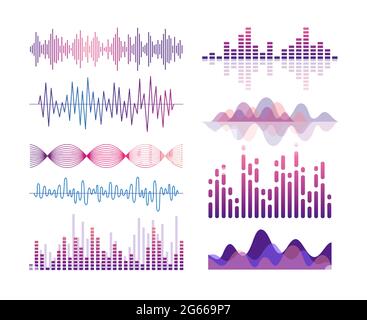 Sound waves vector color illustrations set. Audio effects visualization. Music player equalizer. Song, voice vibration. Violet lines and curves Stock Vector