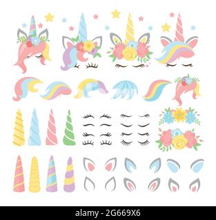 Unicorn elements flat vector illustrations set. Girly, childish stickers isolated pack. Magical horse with horn and stripy multicolor hair constructor Stock Vector
