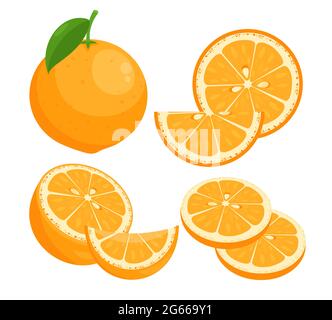 Oranges flat vector illustrations set. Juicy ripe citrus whole in peel with leaf isolated pack on white background. Summer natural fresh fruit slices Stock Vector