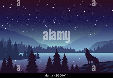 Wolf in mountains landscape flat vector illustration Stock Vector