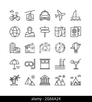 Traveling and recreation linear vector icons set Stock Vector