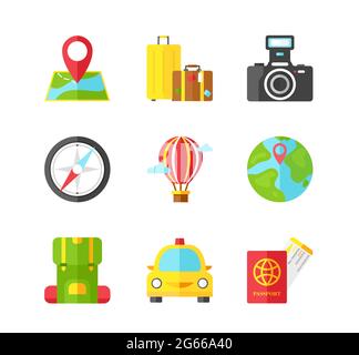 Travel flat vector icons set. Holiday vacation color symbols isolated pack. Suitcase, camera, map with pointer stickers. World trip, adventure, voyage Stock Vector