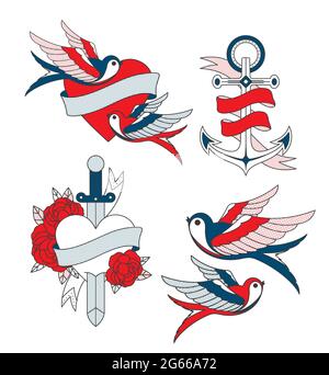 Tattoo color old school designs vector set Stock Vector