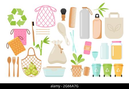 Zero waste and eco friendly items flat vector illustrations set Stock Vector