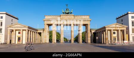 Panorama of the Brandenburg Gate in Berlin early in the morning with no people Stock Photo