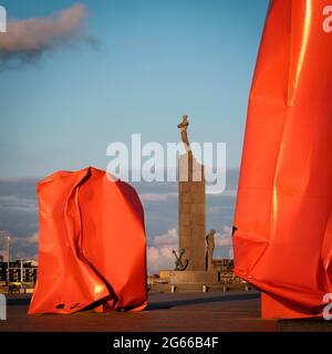 Ostend, Belgium - 3 February 2021: Seamen memorial surrounded by bright modern artwork Rock Strangers Stock Photo