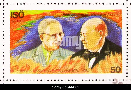 MOSCOW, RUSSIA - MARCH 22, 2020: Postage stamp printed in Cinderellas shows Centenary of Winston Churchill, Iso (Sweden) serie, 50 - No Face Value, ci Stock Photo