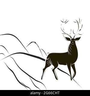 Red deer buck with large antlers. Black and white hand-drawn deer stands on hillside. Cervus contour silhouette. Side view. Wildlife poster. Scandinav Stock Vector