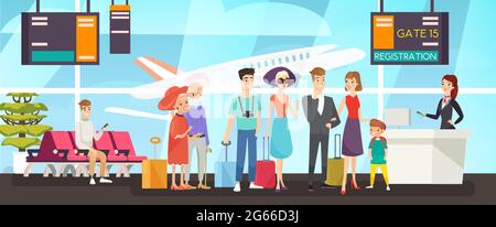People in flight registration line flat vector illustration. Happy passengers standing in queue. Airport staff checking tickets and boarding passes Stock Vector