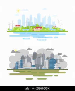 Air pollution city landscape difference flat vector illustration Stock Vector