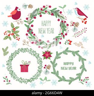 Christmas wreaths flat vector illustrations set. Traditional Xmas mistletoe and ilex decorations. Cartoon birds, cardinals on tree twigs. Blue Stock Vector