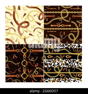 Golden chains and animalistic print vector seamless patterns set. Realistic brown belt with buckle on black background. Gold necklace with tassels Stock Vector