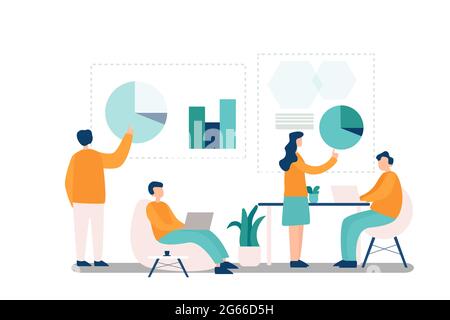 Market analytics flat vector illustration. Cartoon analysts making statistical report in charts and graphs. Coworkers analyzing business project Stock Vector