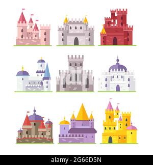 Medieval castles flat vector illustrations set. Old fortresses with flags. Cartoon ancient architecture buildings. Colorful fairytale palaces pack Stock Vector