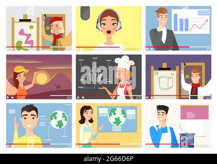 Bloggers flat vector illustrations set. Influencers, vloggers cartoon characters. Finance expert, analyst online seminar. Travel and food bloggers Stock Vector
