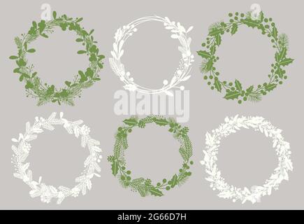 Christmas wreaths silhouettes vector illustrations set. Stylish white and green frames isolated on grey background. Empty ilex and fir twigs round Stock Vector