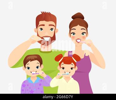 Family brushing teeth flat vector illustration. Parents and kids cleaning teeth with toothbrushes cartoon characters. Spouses teaching daughter and Stock Vector