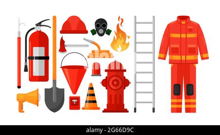 Fireman equipment flat vector illustrations set. Firefighter uniform, protective helmet and gas mask isolated on white background. Rescue service Stock Vector