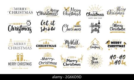 Christmas greetings flat vector stickers set. Xmas wishes elegant black and gold lettering. Merry Christmas messages, festive phrases with decorative Stock Vector