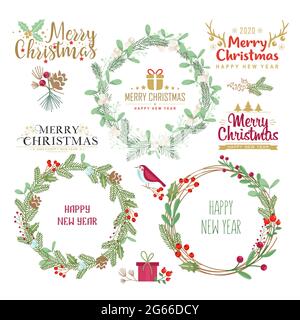 Christmas wreaths silhouettes vector illustrations set. Stylish white and green frames isolated on grey background. Empty ilex and fir twigs round Stock Vector
