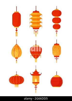 Vector illustration of Chinese lanterns set on white background. Traditional red lantern-lights collection, celebration decorations. China culture Stock Vector