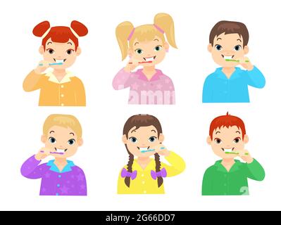 Children brushing teeth flat vector characters set. Cute kids cleaning teeth with toothbrushes illustrations pack. Cartoon boys and girls daily Stock Vector