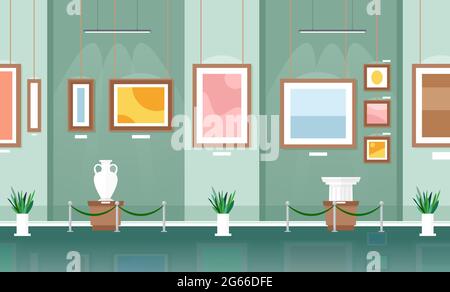 Exhibition in Museum visitors looking at classical work of art, museum guide telling girl about exhibits, people attending museum horizontal vector Stock Vector