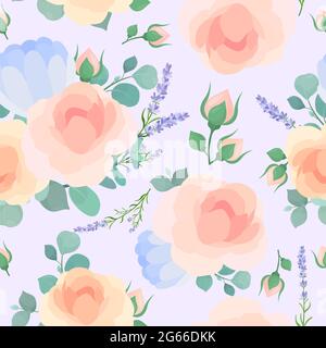 Floral flat vector seamless pattern. Garden flowers on pastel blue background. Roses and peony blossoms with leaves and wildflowers twigs decorative Stock Vector