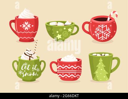 Christmas cups flat vector illustrations set. Festive mugs with ornaments, snowflakes and lettering. Cups with coffee and cocoa, hot chocolate in cups Stock Vector