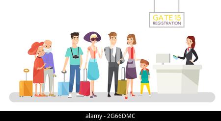Flight registration queue flat vector illustration. Happy passengers standing in line. Airport officer checking tickets and boarding passes. Young and Stock Vector