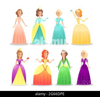 Princesses flat vector illustrations set. Beautiful girls wearing long gowns and tiaras cartoon characters pack. Young queens with crowns isolated on Stock Vector